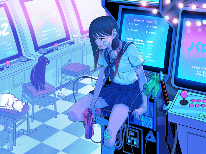Girl with headphones and guns in an arcade