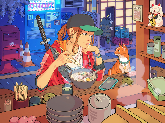 Woman eating ramen with a cat at a Japanese street food stall