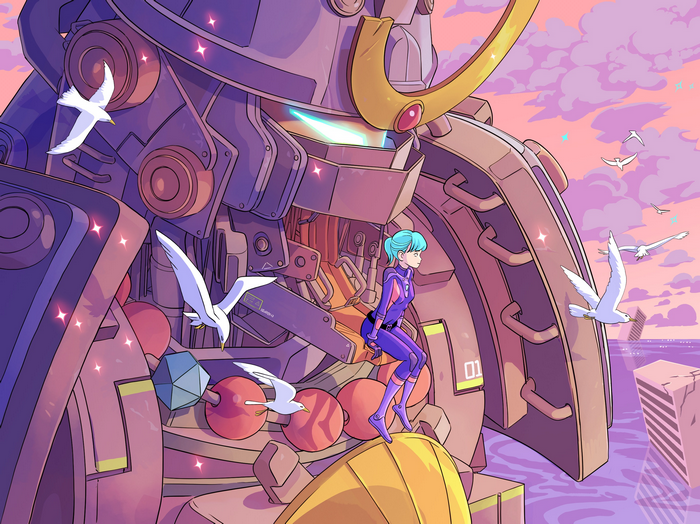 Girl with blue hair and a giant robot