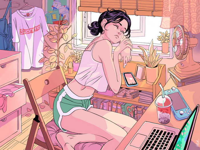Woman resting in a room with Nintendo Switch and boba drink