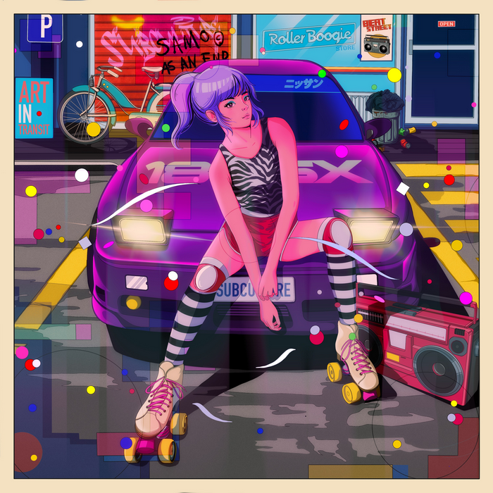 Girl with purple hair on roller skates in front of a Nissan 180SX