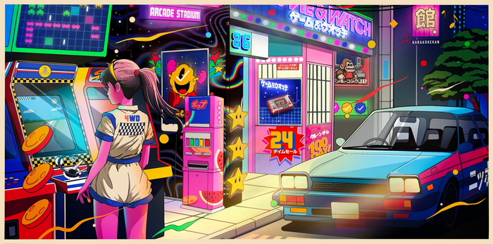 Retro Arcade Street Scene with Pac-Man and Game & Watch