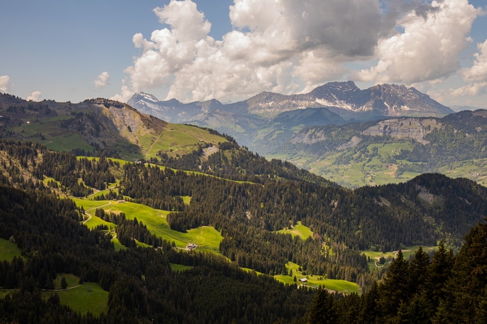Green mountain landscape with trees and clouds