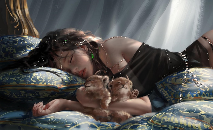 Woman sleeping with two lion cubs on pillows