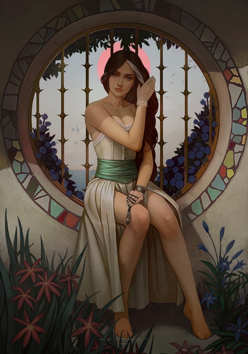 Woman in white dress sitting by a circular window