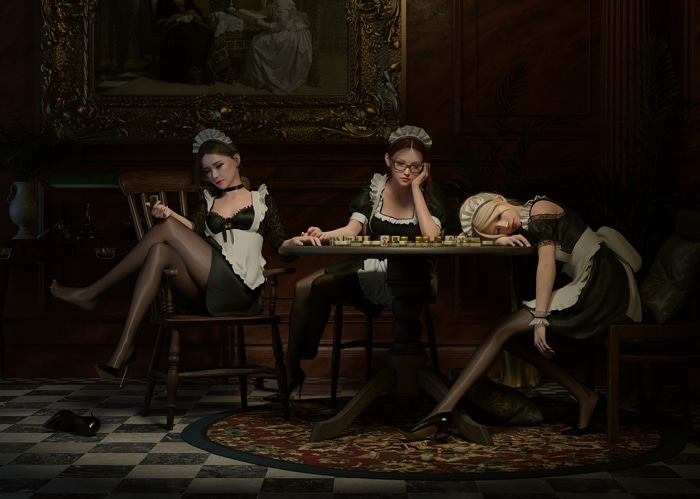 Three maids playing a board game in a room