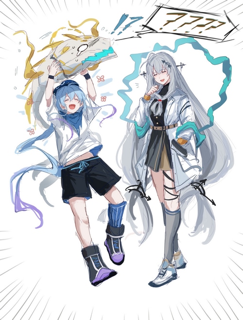 Arknights Skadi and a boy with a fish