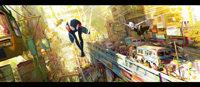 Miles Morales and Spider-Gwen swing through a busy city