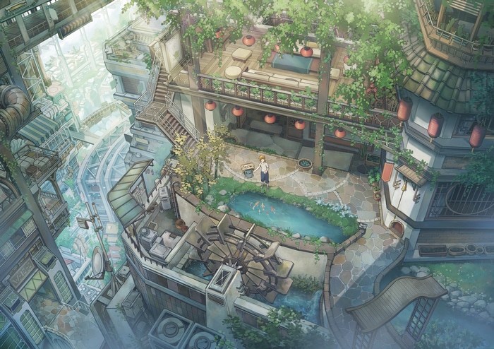 Fantasy architecture with pond, fish, and watermill