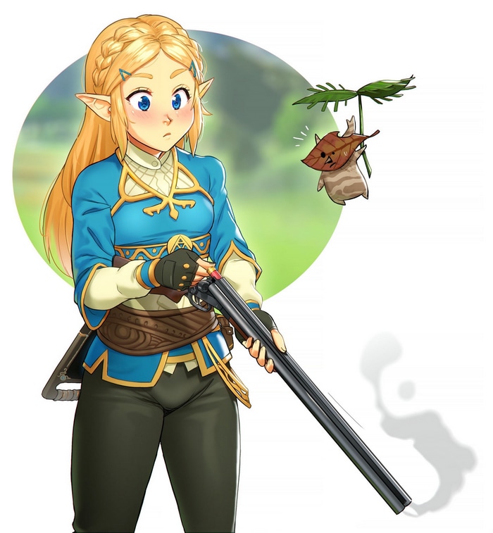 Zelda holding a shotgun with a Korok