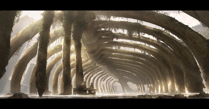 4K skeleton of a leviathan with people in a boat