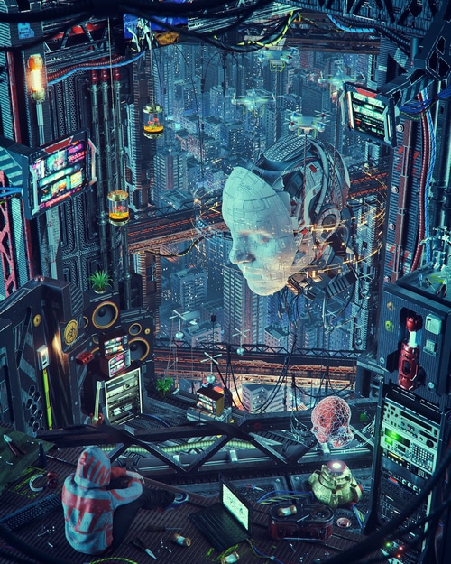 Cyberpunk city with a giant robot head and a person