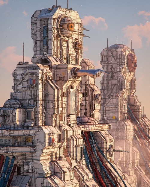 Cyberpunk megastructure with eye-like windows and a pointing finger