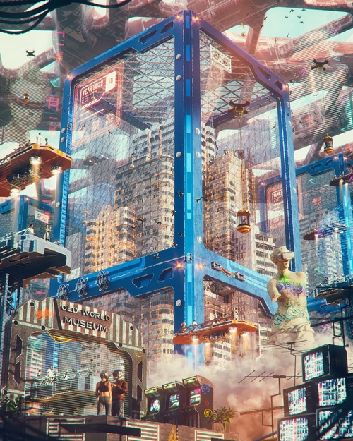 Cyberpunk Futuristic City with Old World Museum