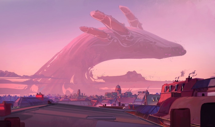 Giant whale-shaped cloud over a city at twilight
