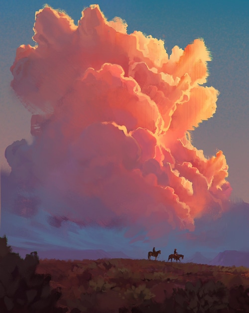 Two people on horses under a large, glowing cloud formation