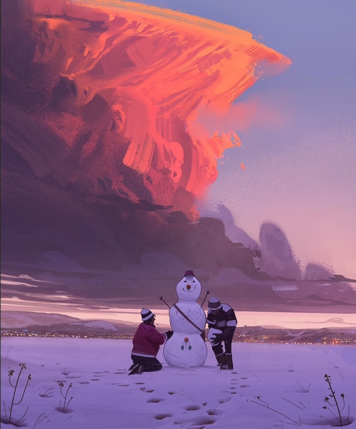 Jocelin Carmes digital art of children building a snowman at twilight