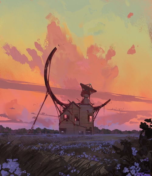 Ruined house with satellite dish at twilight
