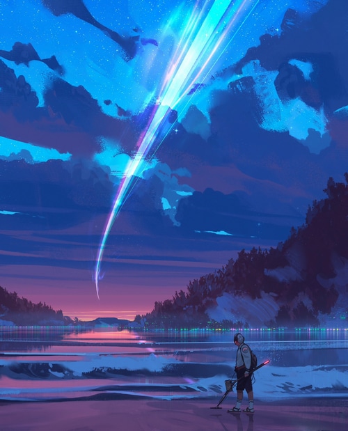 Person with Metal Detector on Beach Under Meteor Shower