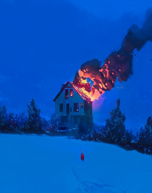 Jocelin Carmes' house burning in the snow