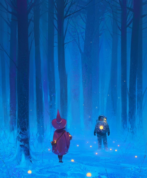 Girl in witch hat and astronaut in snowy forest