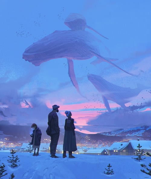Whales in the sky over a snowy village