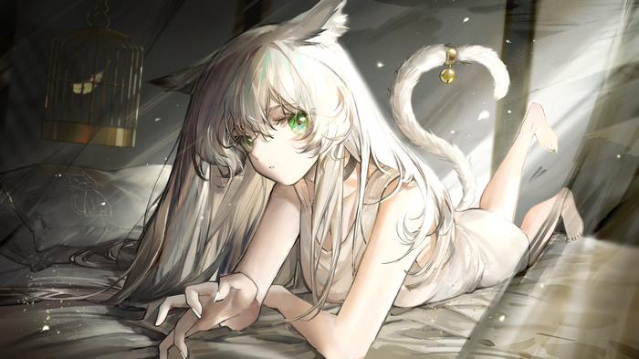 Anime cat girl with white hair and green eyes