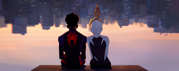 Spider-Man and Spider-Gwen sit overlooking an upside-down city