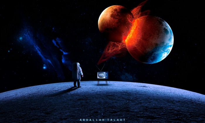 Astronaut watches GAME OVER on TV with destroyed planets
