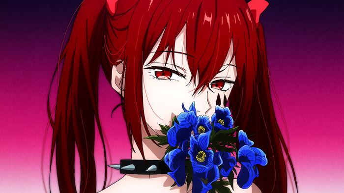 Mahou Shoujo Magical Destroyers character with red twintails and blue flowers