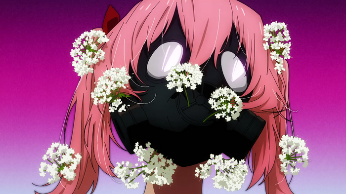 Pink-haired girl with gas mask and flowers