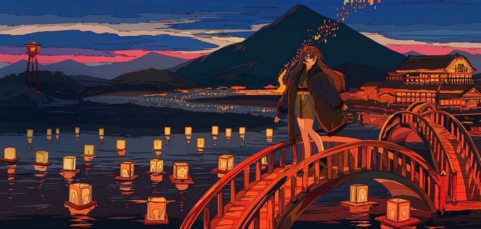 4K Japanese Lantern Festival with Girl on Bridge