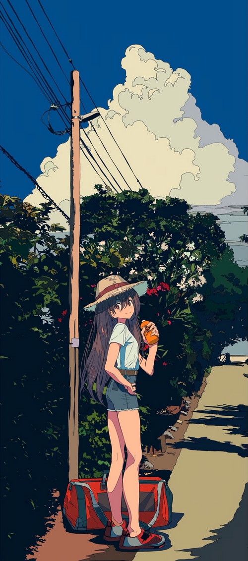 Girl with straw hat drinking from a bottle