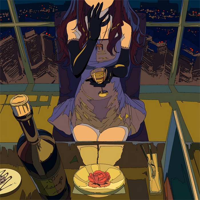 Woman in dress with wine and rose at night