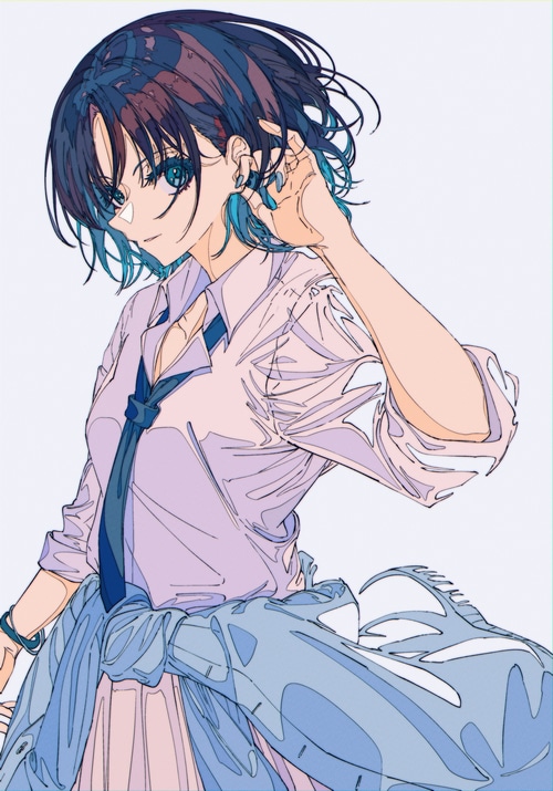 Schoolgirl with blue eyes and blue hair in uniform