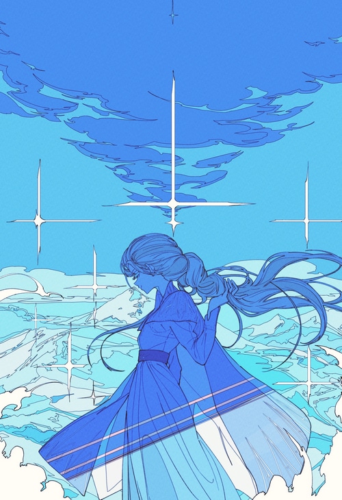 Anime girl with blue hair and dress in the sky