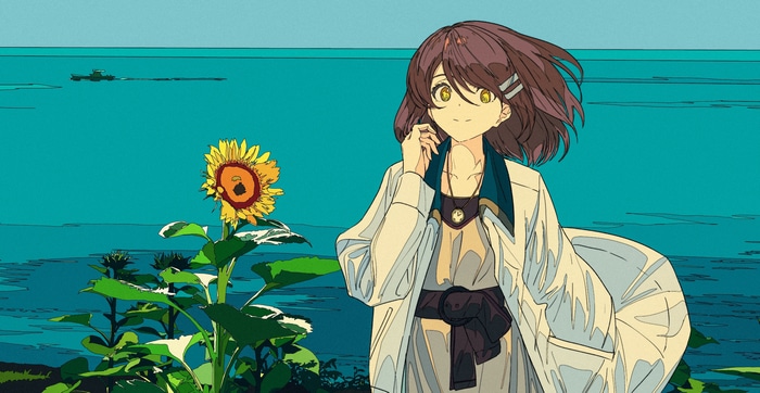 Girl with sunflowers by the sea