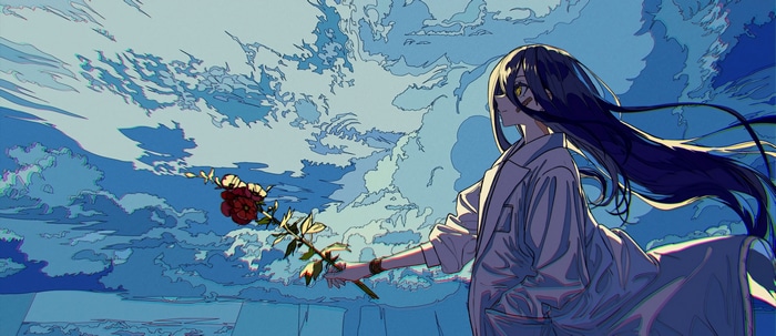 Girl with yellow eyes holding a rose under clouds