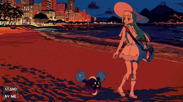 Lillie and Cosmog on a beach at sunset