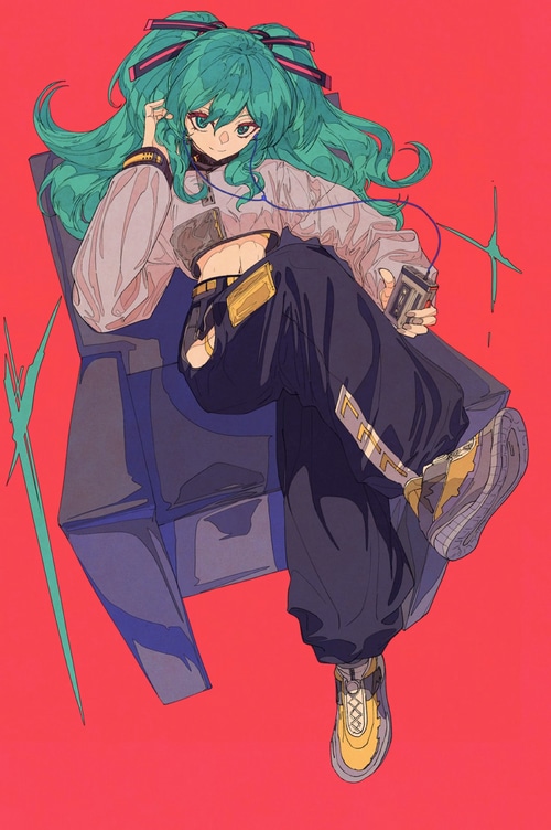 Hatsune Miku with headphones and a cassette player