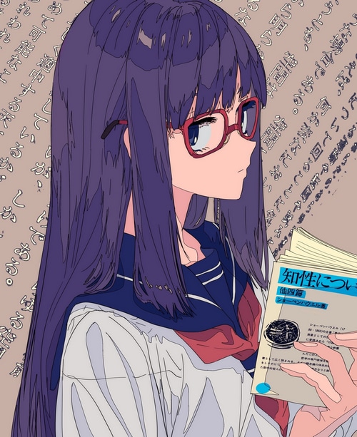 Anime girl with glasses reading a book