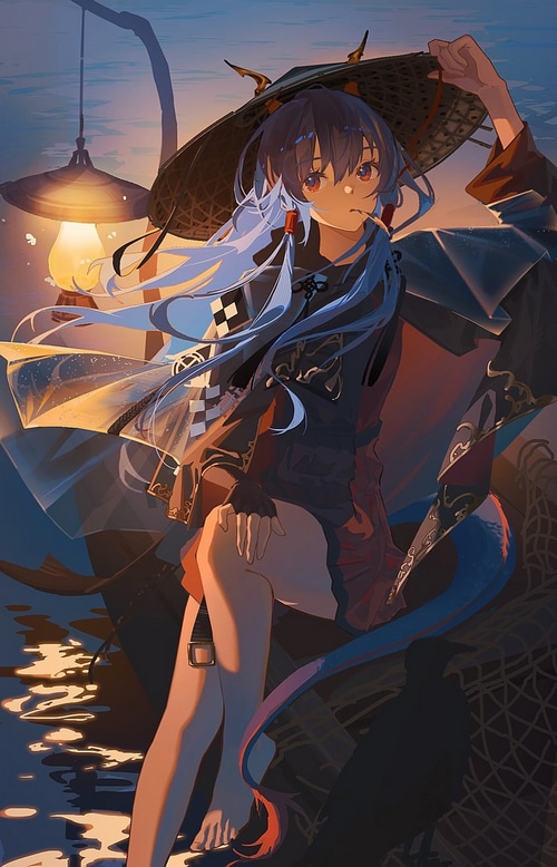 Chen from Arknights with a lantern and hat