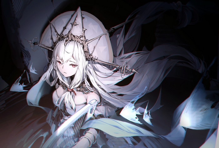 Arknights Skadi with red eyes and white hair