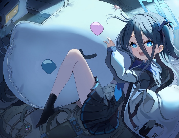 Tendou Alice from Blue Archive lying on a large plush toy