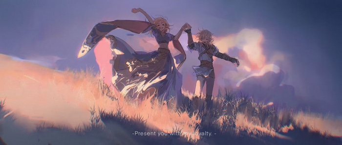 Link and Zelda dancing in a field at sunset