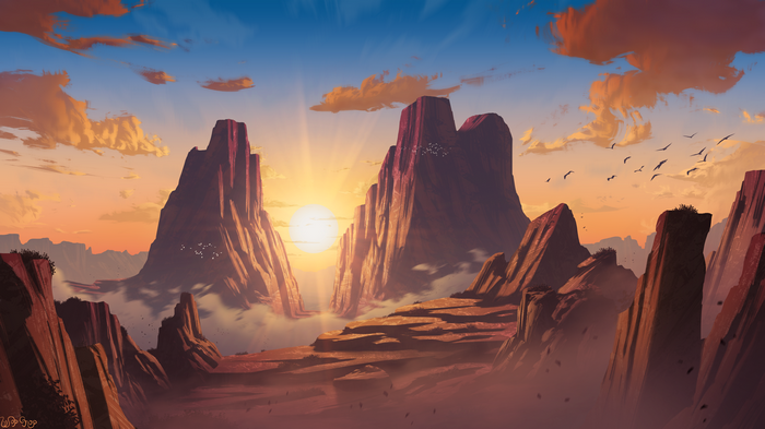 4K Sunset over Desert Rock Formations with Birds