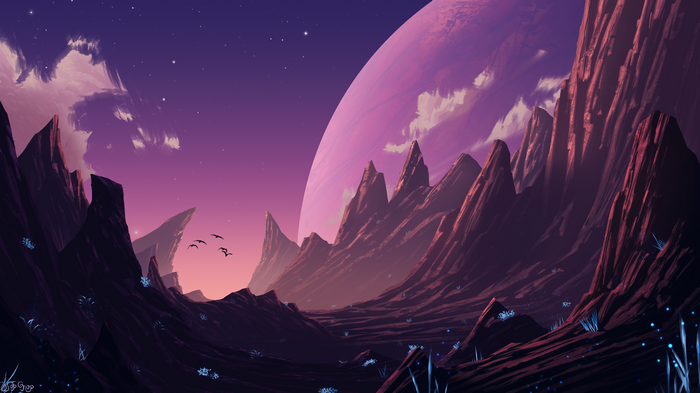Alien landscape with planet and mountains