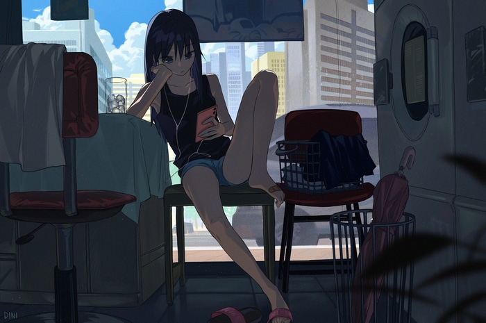 Girl with headphones and phone in apartment
