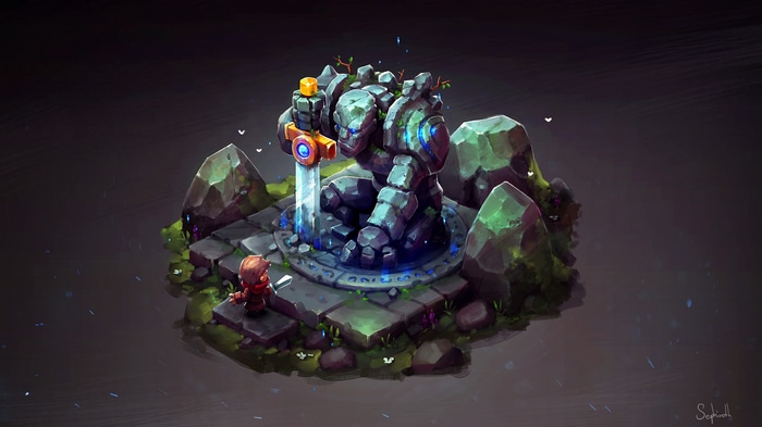 Golem holding a sword with a small figure