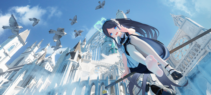 Anime girl with halo on broomstick flying near cathedral